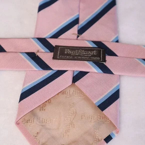 Paul Stuart Men's Silk/Wool Designer Repp Pink/Blue Striped Necktie Made in UK - Picture 4 of 8